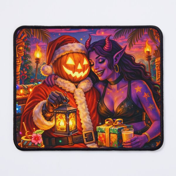 Item preview, Headless Horseman Santa Night with Demon Beauty — Christmas Tiki Pop Illustration designed and sold by TheHorsemanRidesAgain.