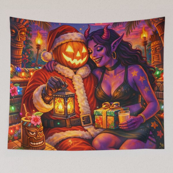 Item preview, Headless Horseman Santa Night with Demon Beauty — Christmas Tiki Pop Illustration designed and sold by TheHorsemanRidesAgain.