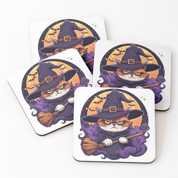 Item preview, Grumpy Witch Cat on Broom – Funny Halloween Full Moon Art designed and sold by The Grumpy Pet Club.