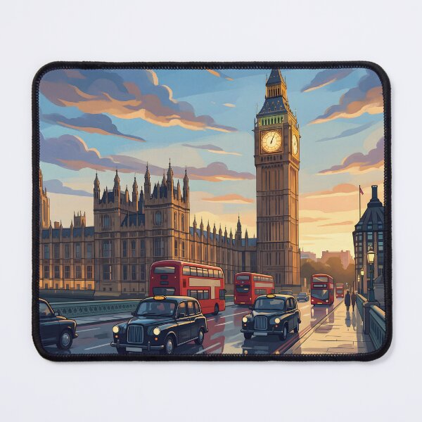 Item preview, Big Ben London Poster at Sunset, Retro Cityscape Illustration with Red Buses, Vibrant Travel Wall Art Print for Home Office Decor designed and sold by AbstractAuraArt.