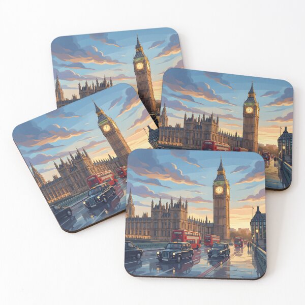 Item preview, Big Ben London Poster at Sunset, Retro Cityscape Illustration with Red Buses, Vibrant Travel Wall Art Print for Home Office Decor designed and sold by AbstractAuraArt.