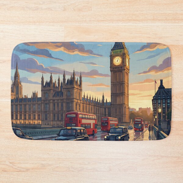 Item preview, Big Ben London Poster at Sunset, Retro Cityscape Illustration with Red Buses, Vibrant Travel Wall Art Print for Home Office Decor designed and sold by AbstractAuraArt.