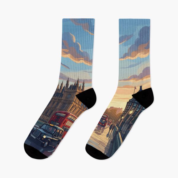 Item preview, Big Ben London Poster at Sunset, Retro Cityscape Illustration with Red Buses, Vibrant Travel Wall Art Print for Home Office Decor designed and sold by AbstractAuraArt.