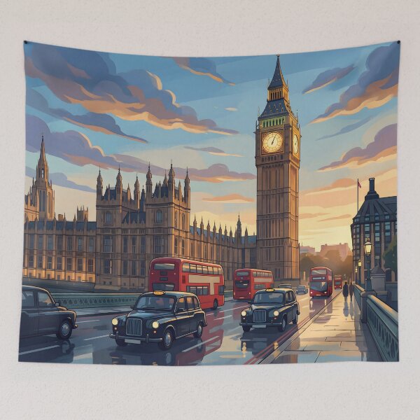 Item preview, Big Ben London Poster at Sunset, Retro Cityscape Illustration with Red Buses, Vibrant Travel Wall Art Print for Home Office Decor designed and sold by AbstractAuraArt.