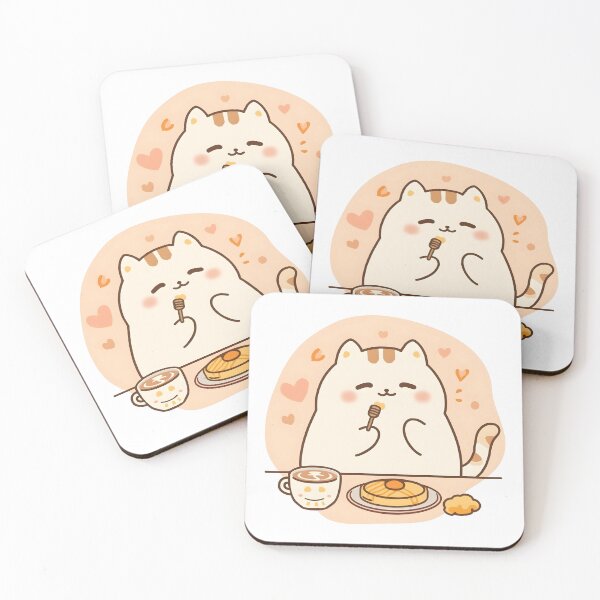 Item preview, Cute Cat Nibbling Honey Drizzled Pancake in Cozy Café | Slow Day Friends Style Illustration designed and sold by SlowDayFriends.