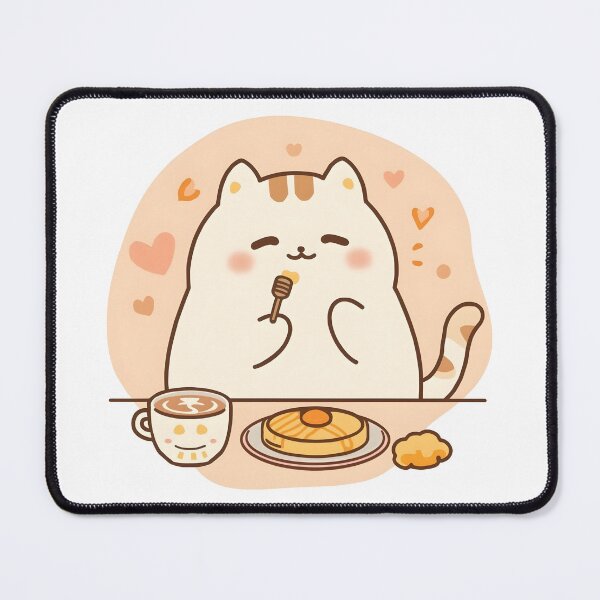 Item preview, Cute Cat Nibbling Honey Drizzled Pancake in Cozy Café | Slow Day Friends Style Illustration designed and sold by SlowDayFriends.