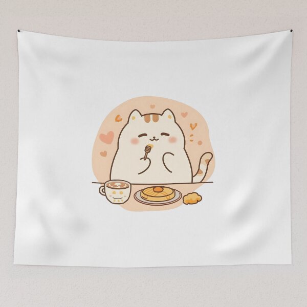 Item preview, Cute Cat Nibbling Honey Drizzled Pancake in Cozy Café | Slow Day Friends Style Illustration designed and sold by SlowDayFriends.