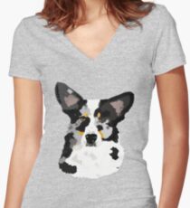 Blue Cardigan Corgi Portrait Women's Fitted V-Neck T-Shirt