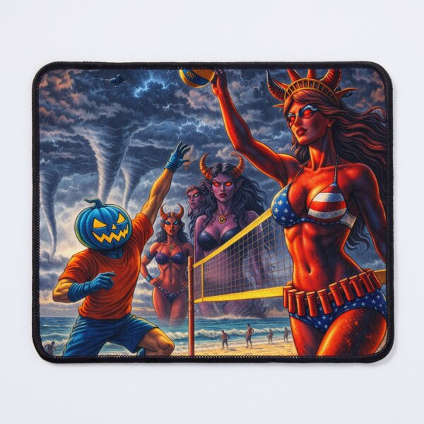 Item preview, Headless Horseman Beach Volleyball with Lady Liberty — Fantasy Art Storm Illustration designed and sold by TheHorsemanRidesAgain.