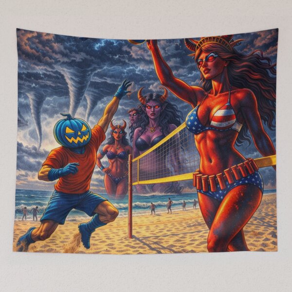 Item preview, Headless Horseman Beach Volleyball with Lady Liberty — Fantasy Art Storm Illustration designed and sold by TheHorsemanRidesAgain.