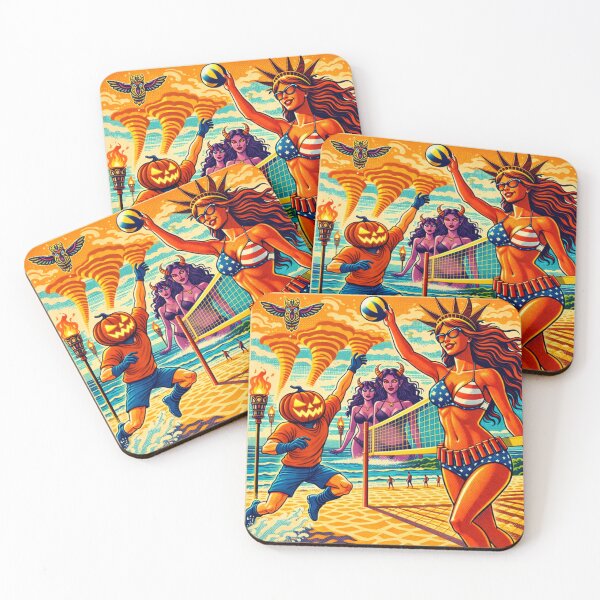 Item preview, Headless Horseman Beach Volleyball with Lady Liberty — Mid Century Retro Pop Illustration designed and sold by TheHorsemanRidesAgain.