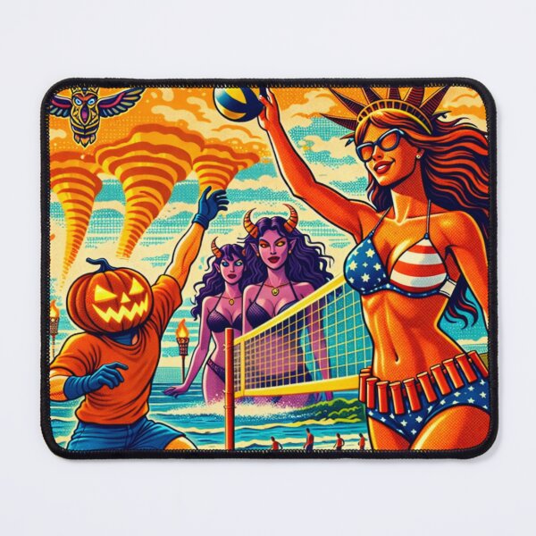 Item preview, Headless Horseman Beach Volleyball with Lady Liberty — Mid Century Retro Pop Illustration designed and sold by TheHorsemanRidesAgain.