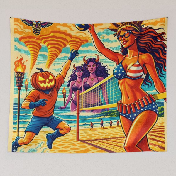 Item preview, Headless Horseman Beach Volleyball with Lady Liberty — Mid Century Retro Pop Illustration designed and sold by TheHorsemanRidesAgain.