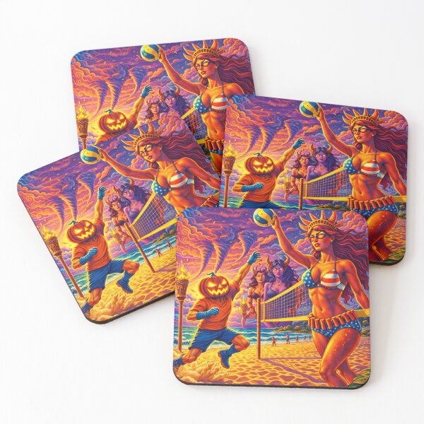 Item preview, Headless Horseman Beach Volleyball with Lady Liberty — Tiki Pop Illustration designed and sold by TheHorsemanRidesAgain.