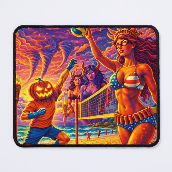 Item preview, Headless Horseman Beach Volleyball with Lady Liberty — Tiki Pop Illustration designed and sold by TheHorsemanRidesAgain.