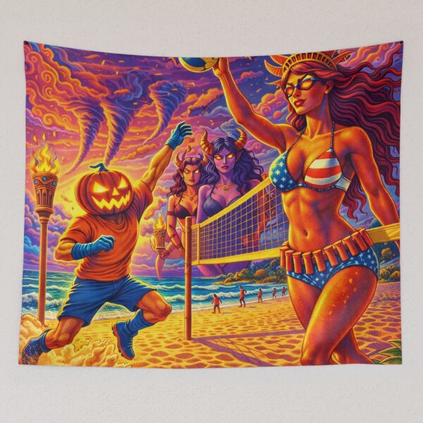 Item preview, Headless Horseman Beach Volleyball with Lady Liberty — Tiki Pop Illustration designed and sold by TheHorsemanRidesAgain.