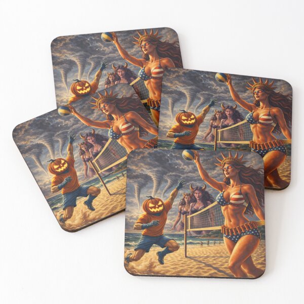 Item preview, Headless Horseman Beach Volleyball with Lady Liberty — Vintage 1950s Illustration designed and sold by TheHorsemanRidesAgain.