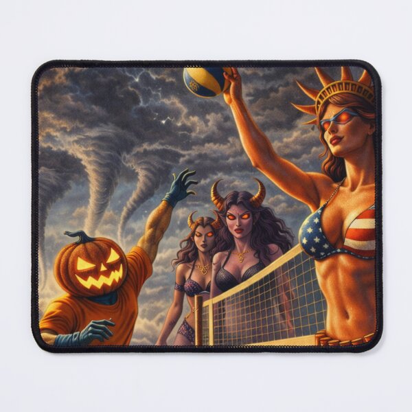 Item preview, Headless Horseman Beach Volleyball with Lady Liberty — Vintage 1950s Illustration designed and sold by TheHorsemanRidesAgain.