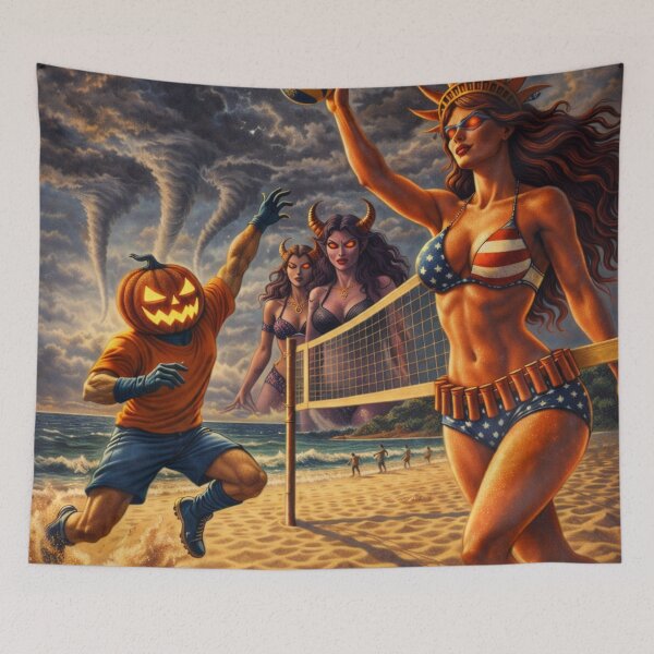 Item preview, Headless Horseman Beach Volleyball with Lady Liberty — Vintage 1950s Illustration designed and sold by TheHorsemanRidesAgain.