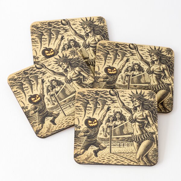 Item preview, Headless Horseman Beach Volleyball with Lady Liberty — Retro Tiki Ink Style designed and sold by TheHorsemanRidesAgain.