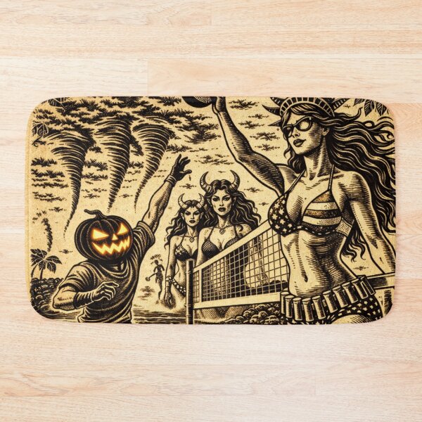Item preview, Headless Horseman Beach Volleyball with Lady Liberty — Retro Tiki Ink Style designed and sold by TheHorsemanRidesAgain.