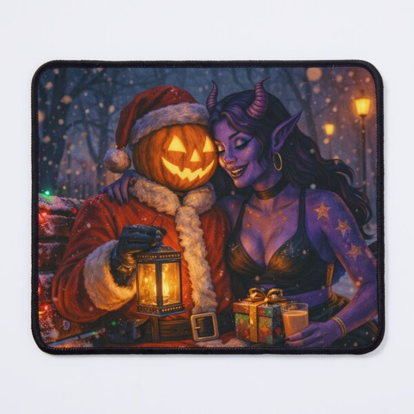 Item preview, Headless Horseman Santa Night with Demon Beauty — Christmas Art Fantasy Illustration designed and sold by TheHorsemanRidesAgain.