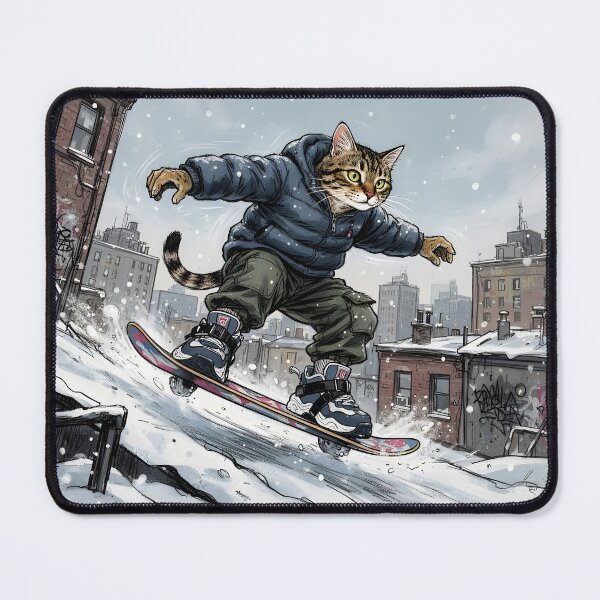 Item preview, Ilustración de ropa de calle de un gato haciendo snowboard deslizándose cuesta abajo designed and sold by Uglyandcute.