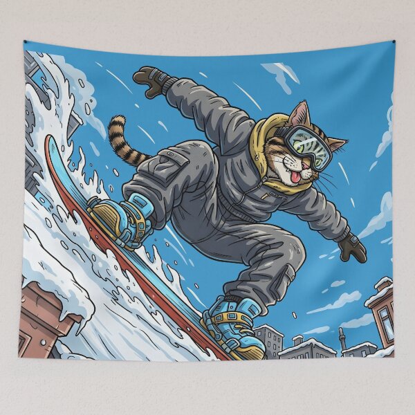 Item preview, Cat Snowboarding Streetwear Illustration carving sharply downhill designed and sold by Uglyandcute.