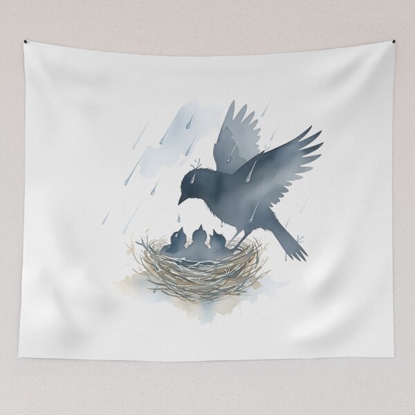 Item preview, Mother Bird Protecting Chicks in Rain - Watercolor Nature Art designed and sold by Latikshop.