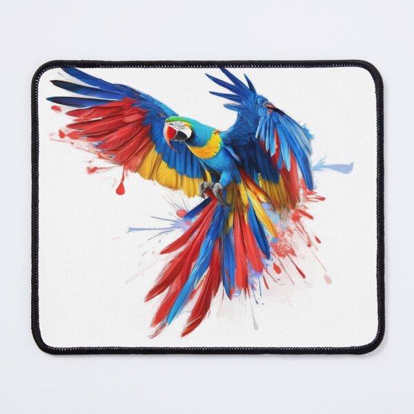 Item preview, Modern abstract macaw in flight, brightly colored feathers blue, yellow and red, ink splatter style, clean white background. designed and sold by Pro-deisgn.