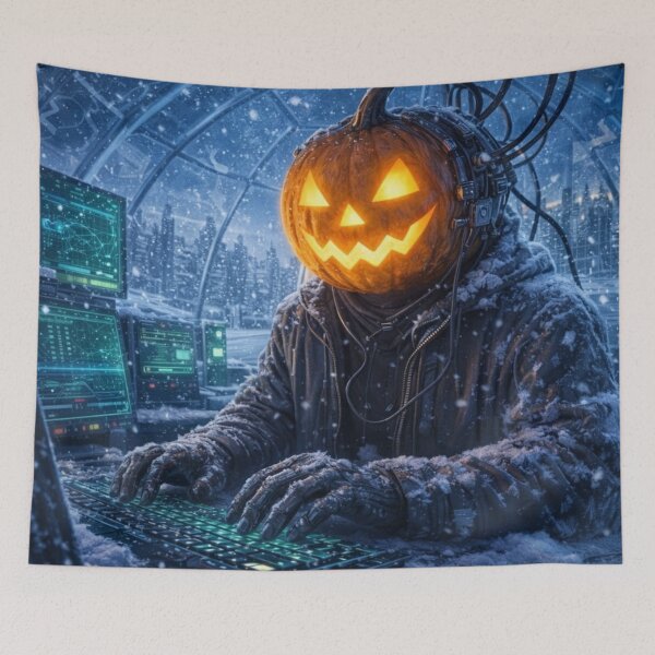 Item preview, Headless Horseman Cyber Hacker in Snowstorm — Sci-Fi Art Winter Fantasy Illustration designed and sold by TheHorsemanRidesAgain.
