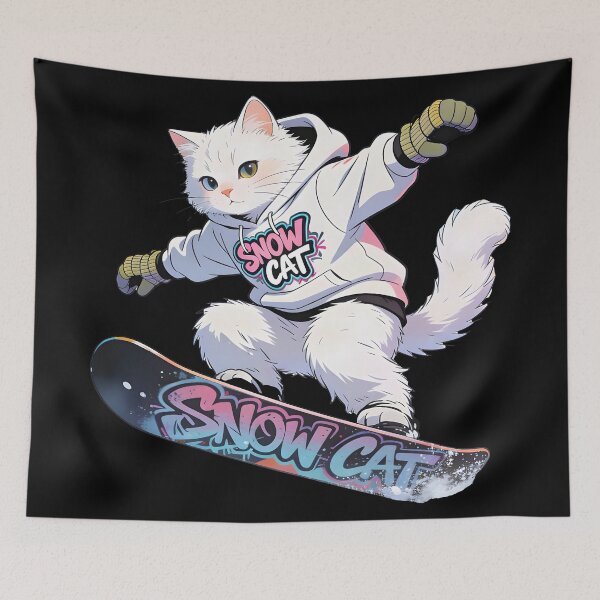 Item preview, Cat Snowboarding Streetwear IWhite fluffy cat landing a perfect snowboard jump, designed and sold by Uglyandcute.