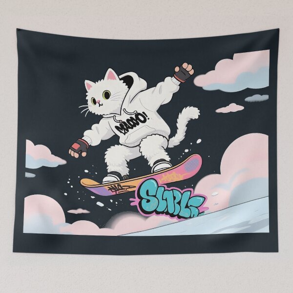 Item preview, Cat Snowboarding Streetwear IWhite fluffy cat landing a perfect snowboard jump, designed and sold by Uglyandcute.