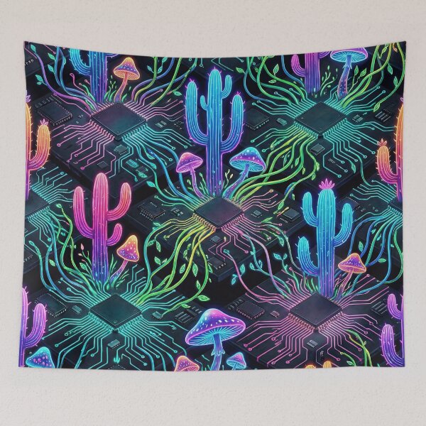 Item preview, Cyberpunk Bio-Dome Pattern - Neon Cacti & Circuit Boards designed and sold by SavinMercantile.