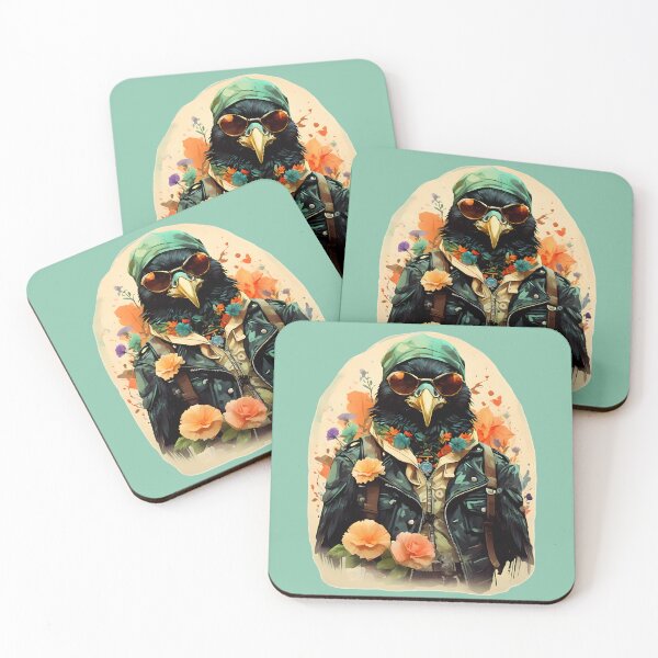 Item preview, Boho Hippie Biker Blackbird With Sunglasses and Flowers on Light Teal designed and sold by Itaya Art.