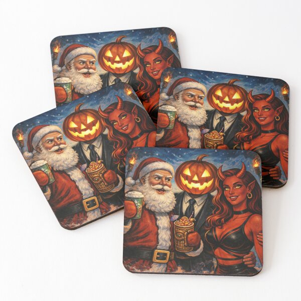 Item preview, Headless Horseman Holiday Trio with Santa & Demon — Christmas Art Fantasy Illustration designed and sold by TheHorsemanRidesAgain.
