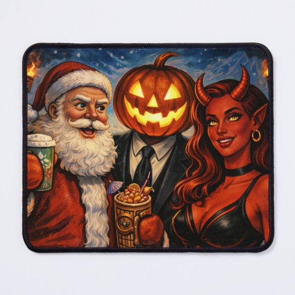 Item preview, Headless Horseman Holiday Trio with Santa & Demon — Christmas Art Fantasy Illustration designed and sold by TheHorsemanRidesAgain.
