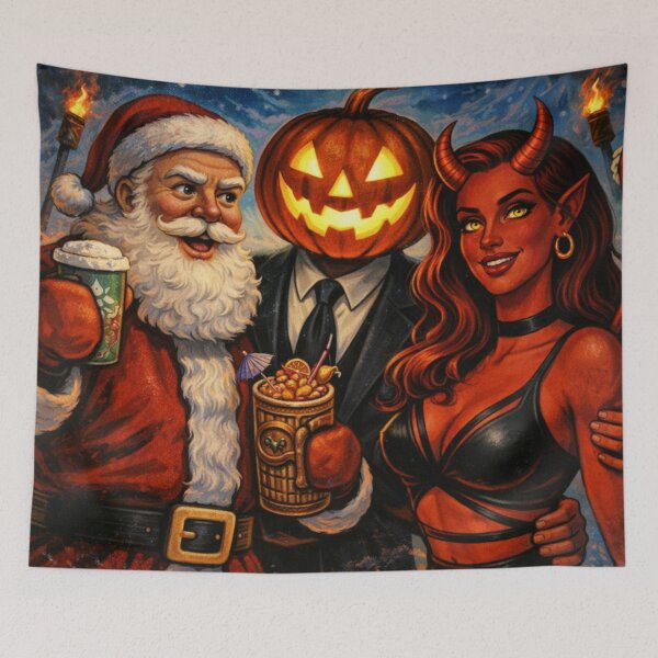 Item preview, Headless Horseman Holiday Trio with Santa & Demon — Christmas Art Fantasy Illustration designed and sold by TheHorsemanRidesAgain.