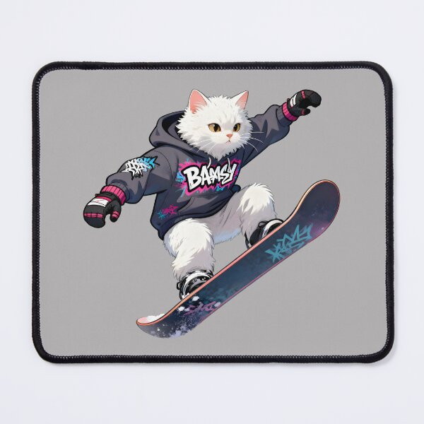 Item preview, Cat Snowboarding Streetwear IWhite fluffy cat landing a perfect snowboard jump, designed and sold by Uglyandcute.