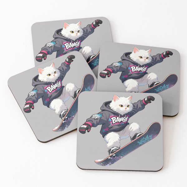 Item preview, Cat Snowboarding Streetwear IWhite fluffy cat landing a perfect snowboard jump, designed and sold by Uglyandcute.