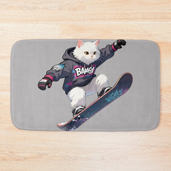 Item preview, Cat Snowboarding Streetwear IWhite fluffy cat landing a perfect snowboard jump, designed and sold by Uglyandcute.