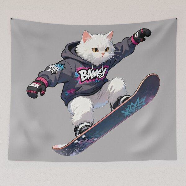Item preview, Cat Snowboarding Streetwear IWhite fluffy cat landing a perfect snowboard jump, designed and sold by Uglyandcute.
