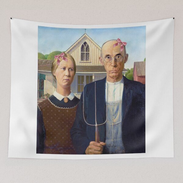 Item preview, Coquette American Gothic - Grant Wood Art Parody with Pink Bows designed and sold by Open Canvas.