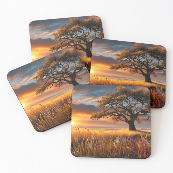 Item preview, Majestic Tree at Sunset Over Golden Grasslands designed and sold by Artessie.
