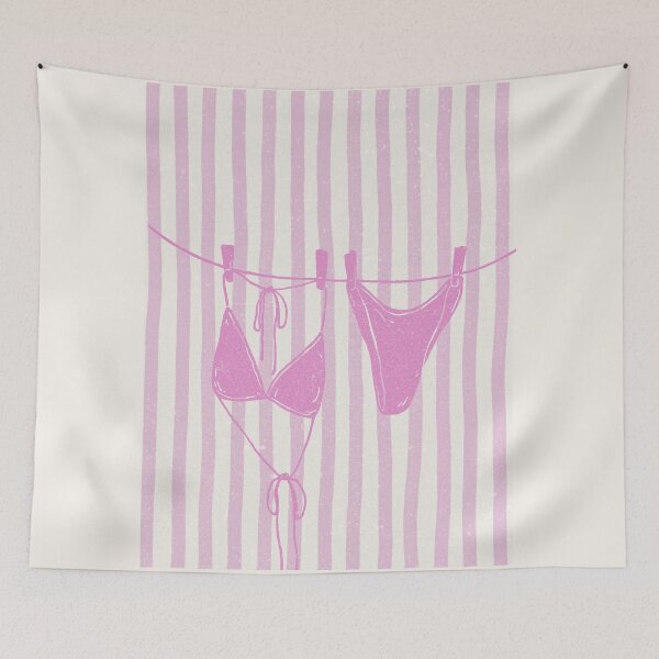 Item preview, pastel pink duotone vintage texture blue stripe bikini on a clothes line designed and sold by jessicaleah15.