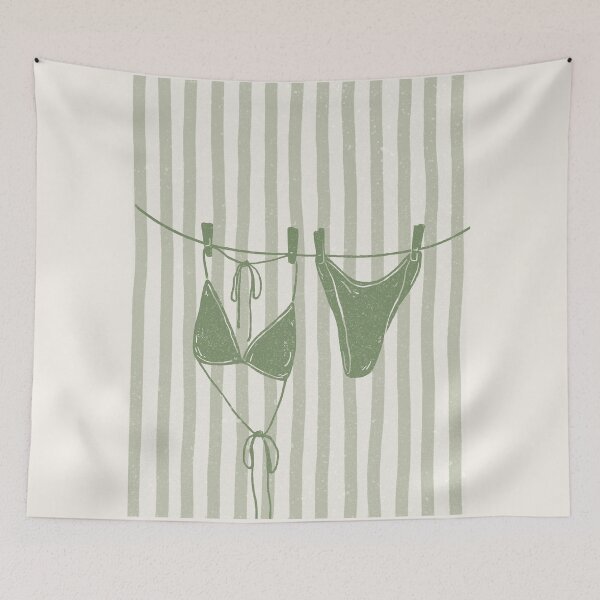 Item preview, green duotone vintage texture blue stripe bikini on a clothes line designed and sold by jessicaleah15.