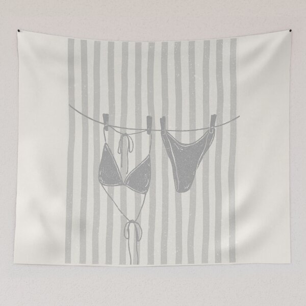 Item preview, grey duotone vintage texture blue stripe bikini on a clothes line designed and sold by jessicaleah15.