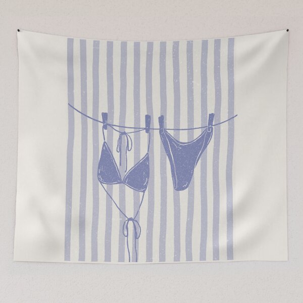 Item preview, cool tone blue duotone vintage texture blue stripe bikini on a clothes line designed and sold by jessicaleah15.