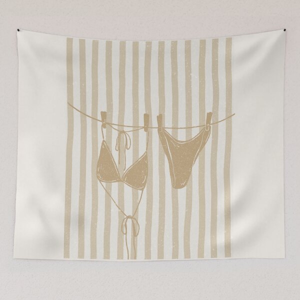 Item preview, Mustard yellow duotone vintage texture blue stripe bikini on a clothes line designed and sold by jessicaleah15.