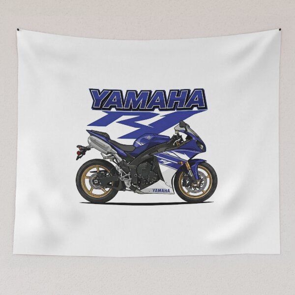 Item preview, Yamaha R1 2009 White Blue with Gold Wheels – Classic Superbike Illustration designed and sold by enzoade.